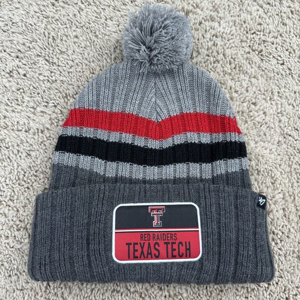 Texas Tech Red Raiders 47 Beanie‎ Gray Stack Striped Patch Pom Cuffed Knit Hat